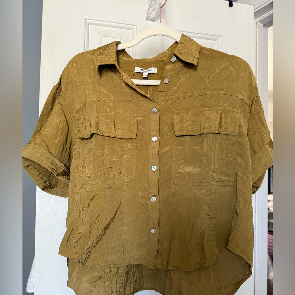 Madewell Crinkled Utility Button-Up Shirt Cropped Sheen Spiced Olive Green nwt - Picture 2 of 4